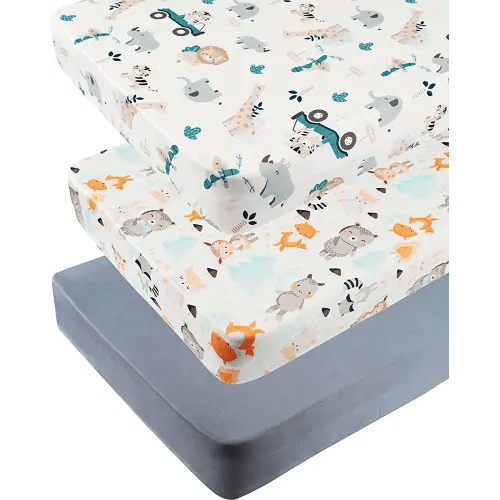 Tontukatu Pack n Play Sheet Stretchy Fitted Portable Mini Crib Sheets Set 3 Pack,Playard Sheets Convertible Playard Mattress Cover,Ultra Soft Jersey Material,Elephant Tiger,Fox & Grey