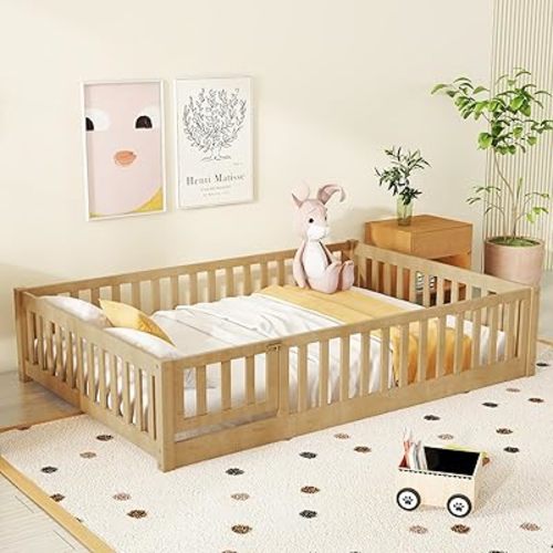 Full Size Floor Bed with Slats and Fence for Kids, Montessori Floor Bed with Door and Safety Guardrails,Wood Full Size Floor Bed Frame, Montessori Bed Full Size for Girls Boys,Natural