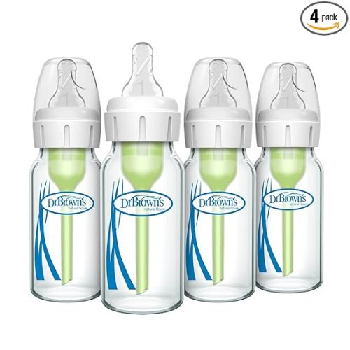 Dr. Brown's Anti-Colic Options+ Narrow Glass Baby Bottle with Level 1 Slow Flow Nipple, BPA-Free, 4 oz/120mL, 4-Pack