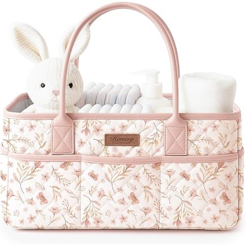 Konssy Floral Quilted Diaper Caddy Organizer, Diaper Caddy Basket with PU Leather Handles, Water-Repellent Nursery Storage Basket, Portable Car Organizer, Registry Search Must Haves (Pink Spring)