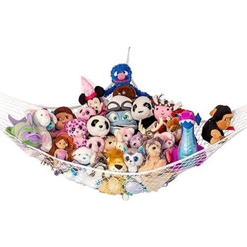 Lilly's Love Large Stuffed Animal Hammock | Corner Hanging Organizer, Stuffed Animal Storage | Easy to Hang Plushie Net w/Included Anchors & Hooks | Cute Room & Bedroom Decor (White)