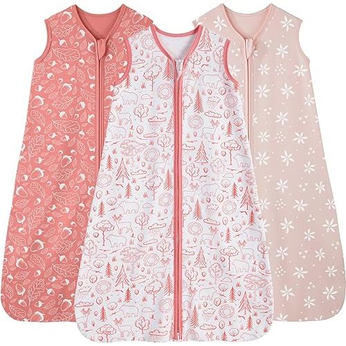 Baby Sleep Sack 0-6 Months, 100% Cotton Sleeping Sack for Newborn and Infant, 3 Pack Baby Wearable Blanket, 0.5 Tog Lightweight Double Zipper Sleep Bag Pink