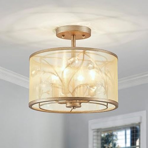 AGV LIGHTING CL022 K9 Crystal Semi Flush Mount Ceiling Light Fixture, Middle Century Modern Style, E12 Base 3-Lights, D13 x H15, Fabric Lampshade & Rust Bronze Finish Frame…
