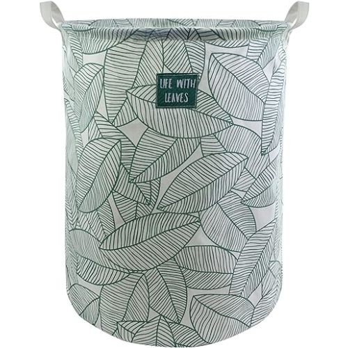 Mziart Large Foldable Laundry Basket Organizer, Collapsible Laundry Hamper Fabric Clothes Toy Storage Basket Nursery Hamper Storage Bin for Household Bedroom, Bathroom, College Dorm (Big Green Leaf)