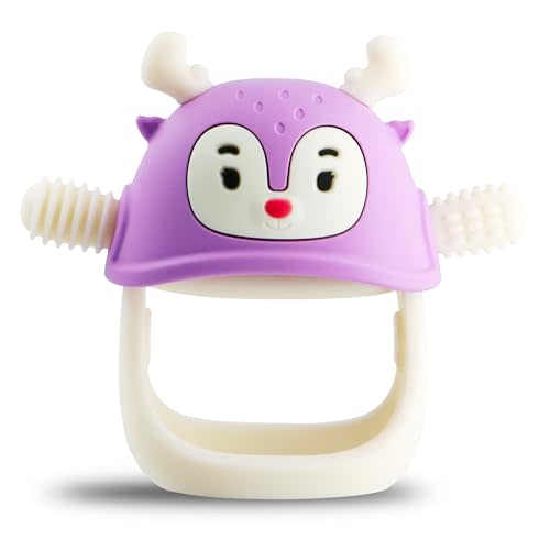 Smily Mia Never Drop Reindeer Silicone Baby Chewing Toy for 3M+ Infants, Easy to Hold Teething Miteen with Soft Textures for Sensory Exploration and Teething Pain Relief-Purple