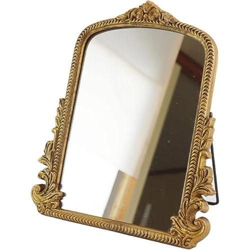 Small Vintage Vanity Makeup Desk Mirror, Antique Traditional Arch Table Mirror in Gold, Decorative Wood Carved Mirror for Living Room Bedroom Tabletop 11.8" x 9.6"