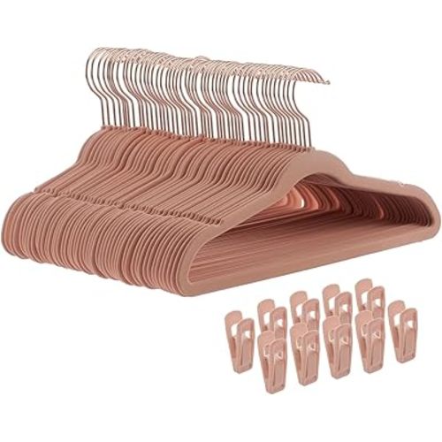 Tonwachic Kids Velvet Hangers 50 Pack - 14" Inch Premium Children Hangers for Clothes - Non-Slip Baby Felt Hangers - Ultra Thin Cute Hangers for Toddler Youth Closet with 10 Hanger Clips, Pink