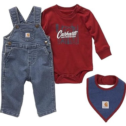 Carhartt baby-boys Long-sleeve Bodysuit, Overalls, and Food Bib 3pc Set