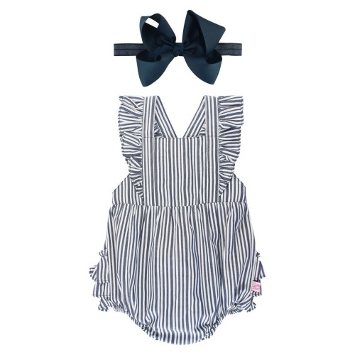 Stripe Bubble Romper & Bow Head Wrap Set, 0-3M