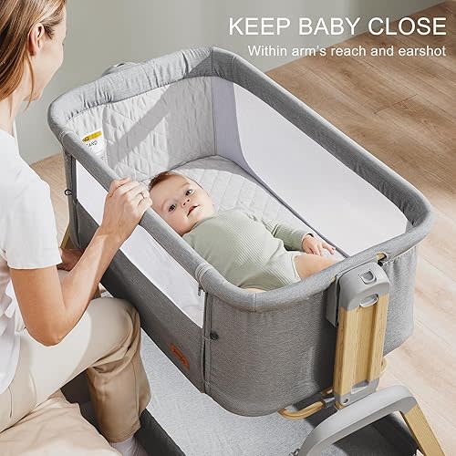 3 in 1 Baby Bassinet, Rocking Bassinets with Comfy Mattress and Wheels, Adjustable Height Bassinet Bedside Sleeper, Easy Folding Portable Crib for Newborn (Khaki)