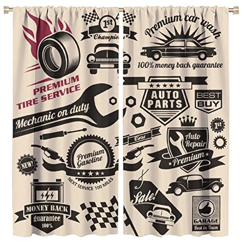 GoDazzling Retro Blackout Curtains Window, Car Repair Shop Logos Monochrome Car Silhouettes Best Garage in Town, for Living Room Bedroom 42x45in 2 Panels