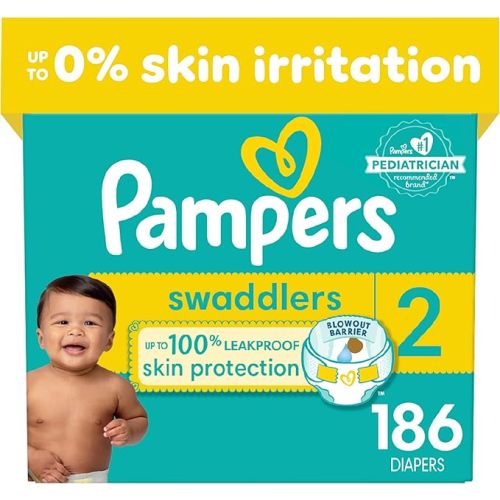 Pampers Swaddlers Diapers - Size 2, One Month Supply (186 Count), Ultra Soft Disposable Baby Diapers