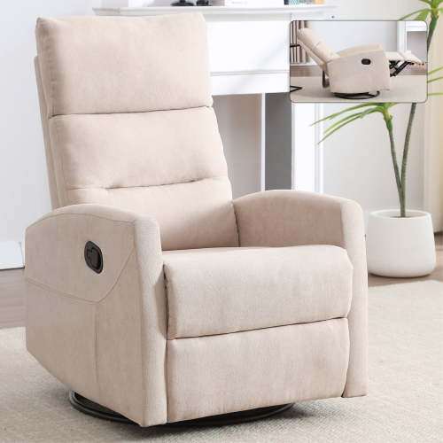 360°Swivel Rocker Recliner, PAPROOS Small Rocking Recliner Chair for Small Spaces, Home Theater Recliner with 2 Side Pockets, Nursery Glider Recliner, Manual Recliner for Adults for Living Room,Beige