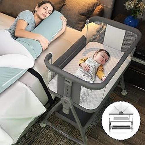 Baby Bassinet Bedside Sleeper, 3 in 1 Baby Bassinet Bedside, Arms Reach Co Sleeper Bassinet with Wheels, Adjustable Height, Storage, Mattress & Canopy, Bed Side Bassinet for Newborn