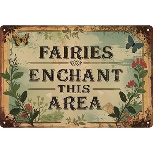 Vintage Metal Tin Sign 8x12 in Enchanted Fairy Magic Whimsical Wall Art for Garden or Patio Decor Adds a Touch of Fantasy & Charm