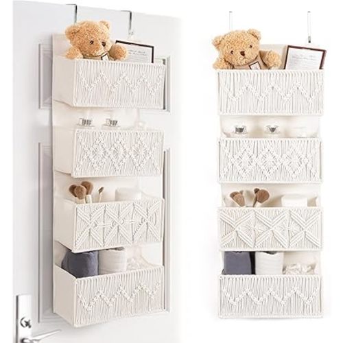 ANTIS'S HOME Nursery Over The Door Organizer Boho Decor Nursery Storage with 4 Large Woven Pockets, Macrame Nursery Organizers and Toys Storage, Behind Door for Bathroom, Bedroom