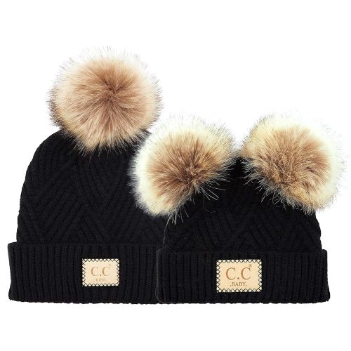 Funky Junque Mommy and Me Matching Pom Pom Beanies Set - Winter Hats for Women and Kids - Basketweave
