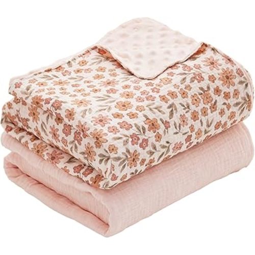 2 Pack Minky Baby Blankets,Super Soft Receiving Blankets with Muslin Cotton Front & Dotted Fleece Backing,39x29.5 Inches,Printed Bed Throws Newborn(Florals)