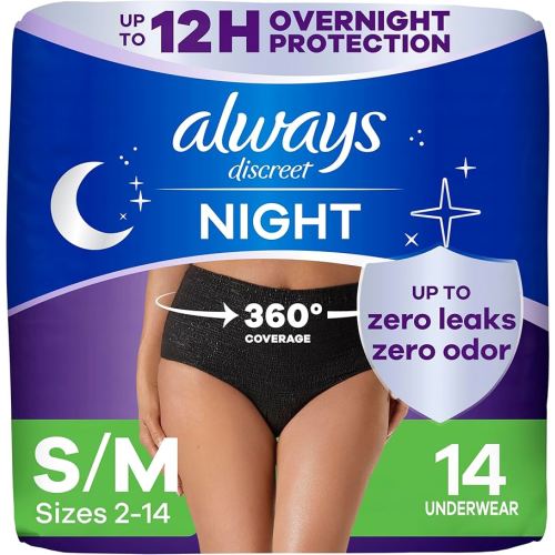 Always Discreet Adult Incontinence Overnight Underwear for Women, Small/Medium, Up to 100% Bladder Leak Protection, 14 Count