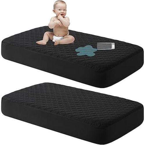 NTBAY 2 Pack Waterproof Mini Crib Mattress Protector, Quilted 24"x38" Fitted Mattress Cover - Machine Washable - Soft and Breathable Baby Mattress Pad Sheet for Mini Crib and Baby Playards, Black