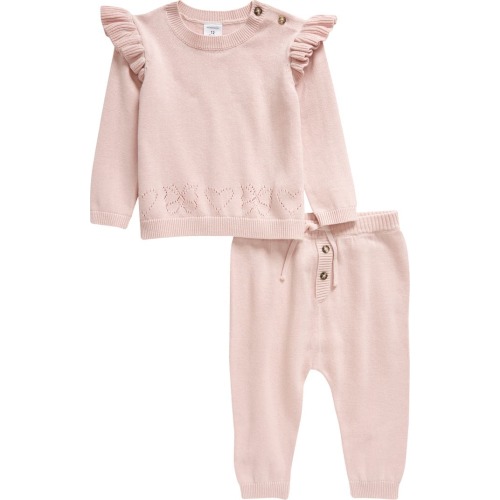 Baby Ruffle Shoulder Sweater & Sweater Knit Pants Set, 3M, Pink Lotus