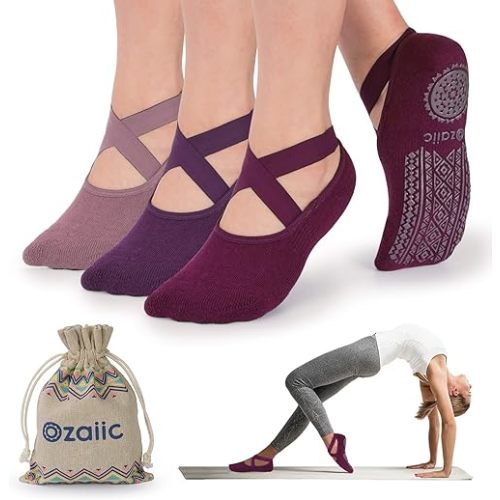 Ozaiic Yoga Socks for Women Non-Slip Grips & Straps, Ideal for Pilates, Pure Barre, Ballet, Dance, Barefoot Workout