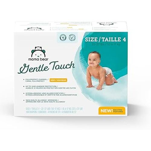 Amazon Brand - Mama Bear Gentle Touch Diapers, Hypoallergenic, Size 4, 148 Count, 4 Packs of 37, White