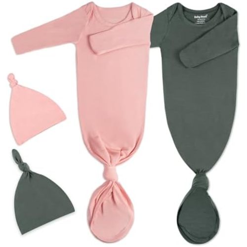 2Pack Knotted Gown Baby, Super Soft Long Sleeve Newborn Hospital Outfit Boy Girl Coming Home, Built-In Mittens Clothes