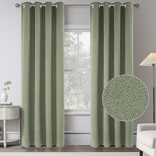 KEQIAOSUOCAI Completely 100% Blackout Linen Textured Grommet Curtains,Sage Green W 52 x L84 Inches Long 2 Panels