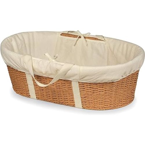 Badger Basket Wicker-Look Woven Baby Moses Changing Basket with Pad and Cover - Light Brown/Ecru