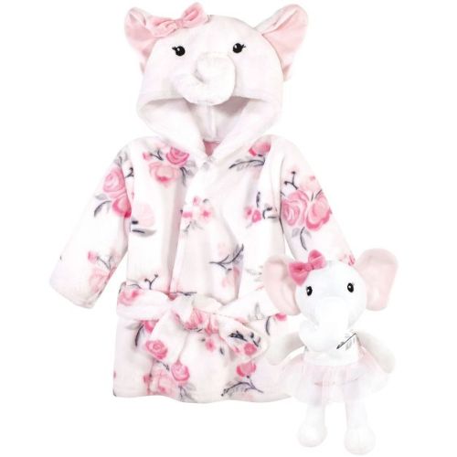 Hudson Baby Infant Girl Plush Bathrobe And Toy Set, White Elephant, One Size