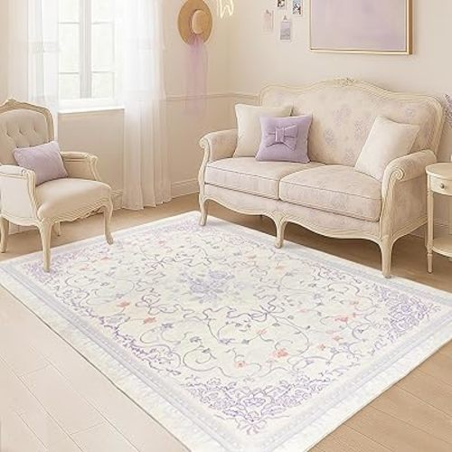Pastel Purple and Pink Area Rug for Dorm Kids Room 6x9 Washable Light Lavender Whimsical Fairy Bow Floral Fun Rug for Girls Bedroom Toddler Play Room