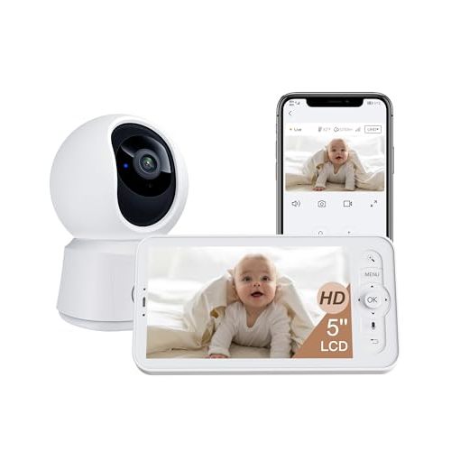 ARENTI WiFi Baby Camera Monitor B2 Kit 2025 Upgraded, 5-inch Wireless Display, Smartphone App, Encrypted Connection, Lullaby, Super Night Vision, Auto Tracking, Temp Sensor, Support Local Storage