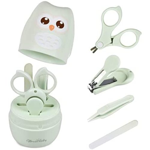 GLOVAL BABY Baby Nail Kit, Baby Manicure Kit and Pedicure kit with Cute Owl Shape Case. Baby Nail Clipper, Scissor, Baby Nail File & Tweezer for Newborn, Infant & Toddler (Green)