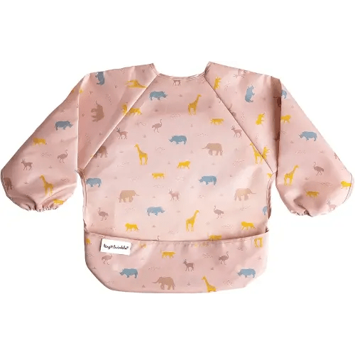 Tiny Twinkle Mess Proof Baby Bib,Waterproof Smock Baby Bib for Eating,Machine Washable Long Sleeve Bib,Baby Led Weaning,Toddler Bib,BLW Supplies(Petite Safari, Small 6-24 Months)