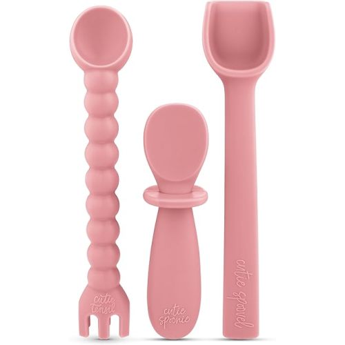 Ryan & Rose Ultimate Utensil Set of 3 Silicone Baby Spoons Silicone baby feeding set for baby led weaning, baby spoons self feeding 6 months, baby utensils, toddler utensils (Rose), Child
