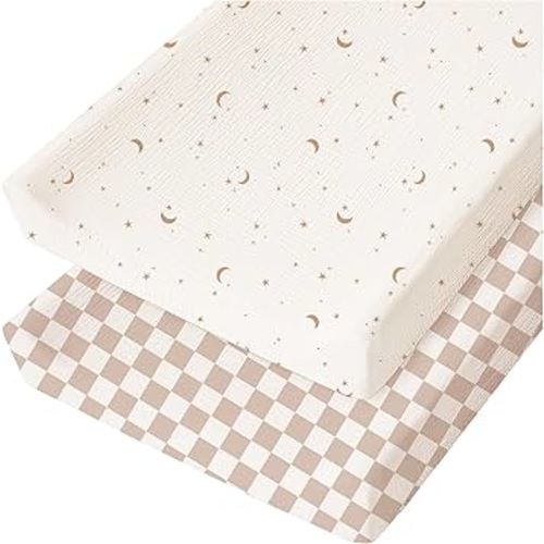 Konssy Muslin Changing Pad Cover for Baby Girls Boys, 100% Cotton Fitted Diaper Chang Table Covers, Soft Breathable Changing Pad Sheets, 2 Pack (Coffee Check,Moon)