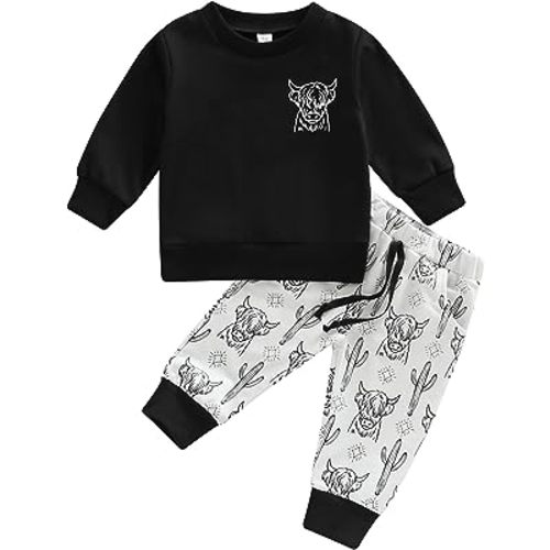 SAYOO Western Baby Boy Clothes Cow Print Sweatshirt Pullover Top Jogger Pants 2Pcs Toddler Boy Cowboy Fall Winter Outfits