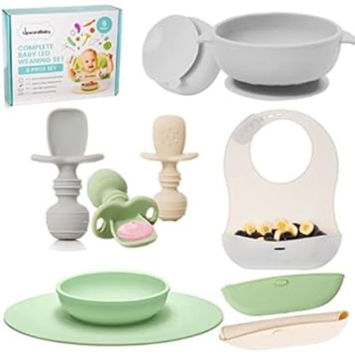 Upward Baby Led Weaning Supplies Set | Toddler Plate for Baby, 3 Self Feeding Spoons 6 Months+, Suction Bowl, 3 Self Eating Silicone Bibs | Infant First Stage BLW Utensils 6-12 Months