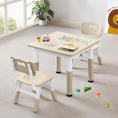 Kids Table and 2 Chairs Set, Height Adjustable Toddler Table and Chair Set for Age 2-8, Children Multi-Activity Table with Graffiti Desktop, Kids Play Table for Reading, Drawing, Eating