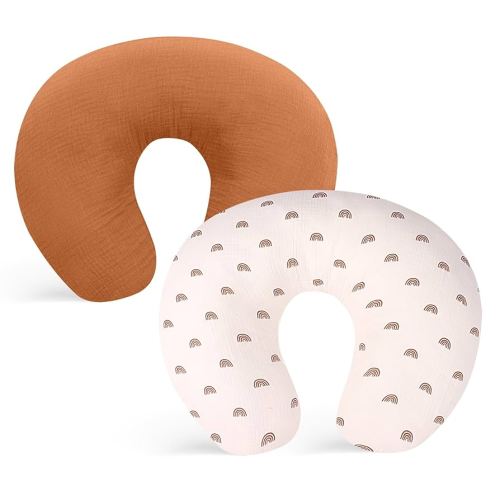 Winmany 2 Pack Muslin Nursing Pillow Covers Soft Cotton Newborn Breastfeeding Pillow Cover Baby Feeding Pillow Slipcover Shower Gifts for Boys Girls (Orange + Rainbow)