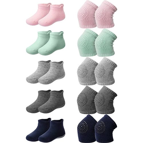 10 Pairs Baby Crawling Anti-Slip Knee Pads and Anti-Slip Baby Socks Set Unisex Toddler Knee Protectors Non Slip Ankle Socks