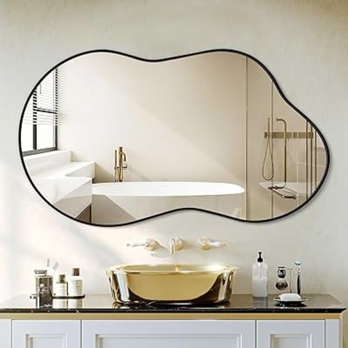 Irregular Wall Mirror - Wall Mirrors Decorative 24"x36" Black Asymmetrical Mirror Aviation Aluminum Alloy Frame for Bathroom, Bedroom, Living Room, Cloakroom, Entryway