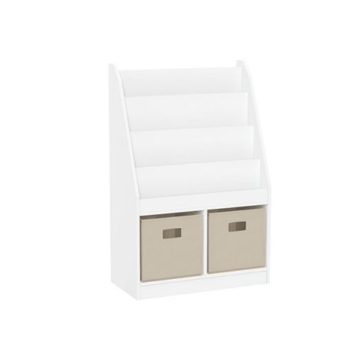 RiverRidge Kids' Bookshelf and Toy Storage Organizer with 4 Bookracks and 2 Cubbies White with 2 Taupe Fabric Bins: Toddler Cubby Storage Shelf