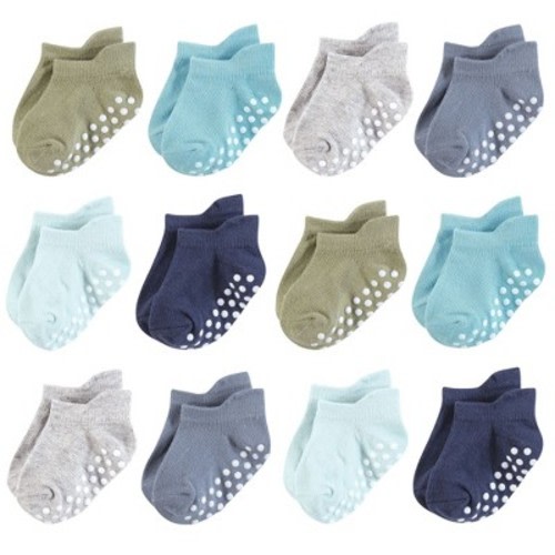 Hudson Baby Infant Boy Non-Skid No-Show Socks, Blue Gray Teal, 12-24 Months