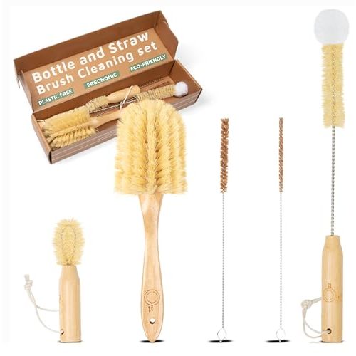 Bottle Brush Set - Ergonomic & Plastic Free Bamboo Bottle Brush, All in One Bottle And Straw Brush Cleaning Set, Sturdy Eco Friendly Water Bottle Cleaner Brush Set, Great Baby Bottle Cleaner Brush Set