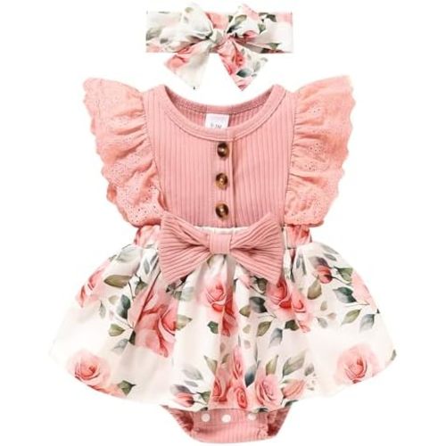 Sinhoon Baby Girl Clothes Newborn Ruffled Sleeveless Romper Floral Dreesy Bodysuit Heaedband 3pcs Baby Girl Summer Clothes