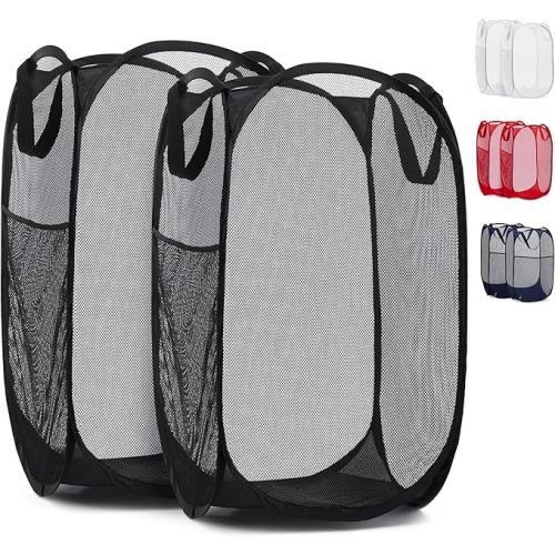 Handy Laundry Collapsible Mesh Pop Up Laundry Hamper 2-Pack – Large Foldable Laundry Basket with Side Pocket, Breathable & Durable, Space-Saving for Clothes, Toys, Travel, Dorm, Bedroom, Blue
