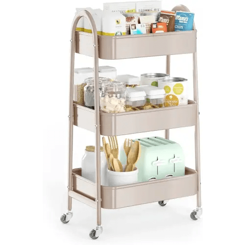 EAGMAK 3 Tier Utility Rolling Cart, Metal Storage Cart with Handle and Lockable Wheels, Multifunctional Storage Organizer Trolley with Mesh Baskets for Kitchen, Living Room, Office, Garage (Beige)