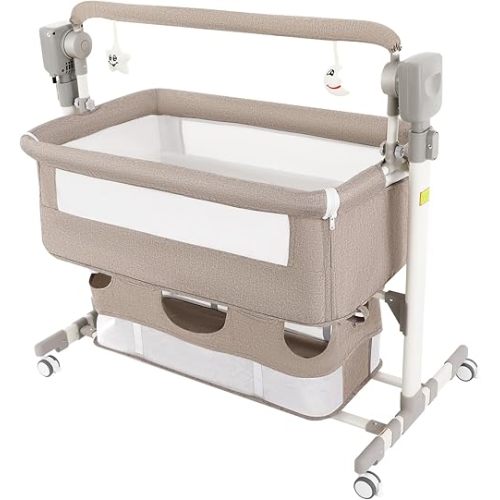 Automatic Baby Bassinet, Smart Baby Bassinet Bedside Sleeper with 4 Wheels, Height & Width Adjustable Cradle Infant Bed with 5-Speed Swing and 3-Speed Timing, Detachable Bed Surround, Music Play